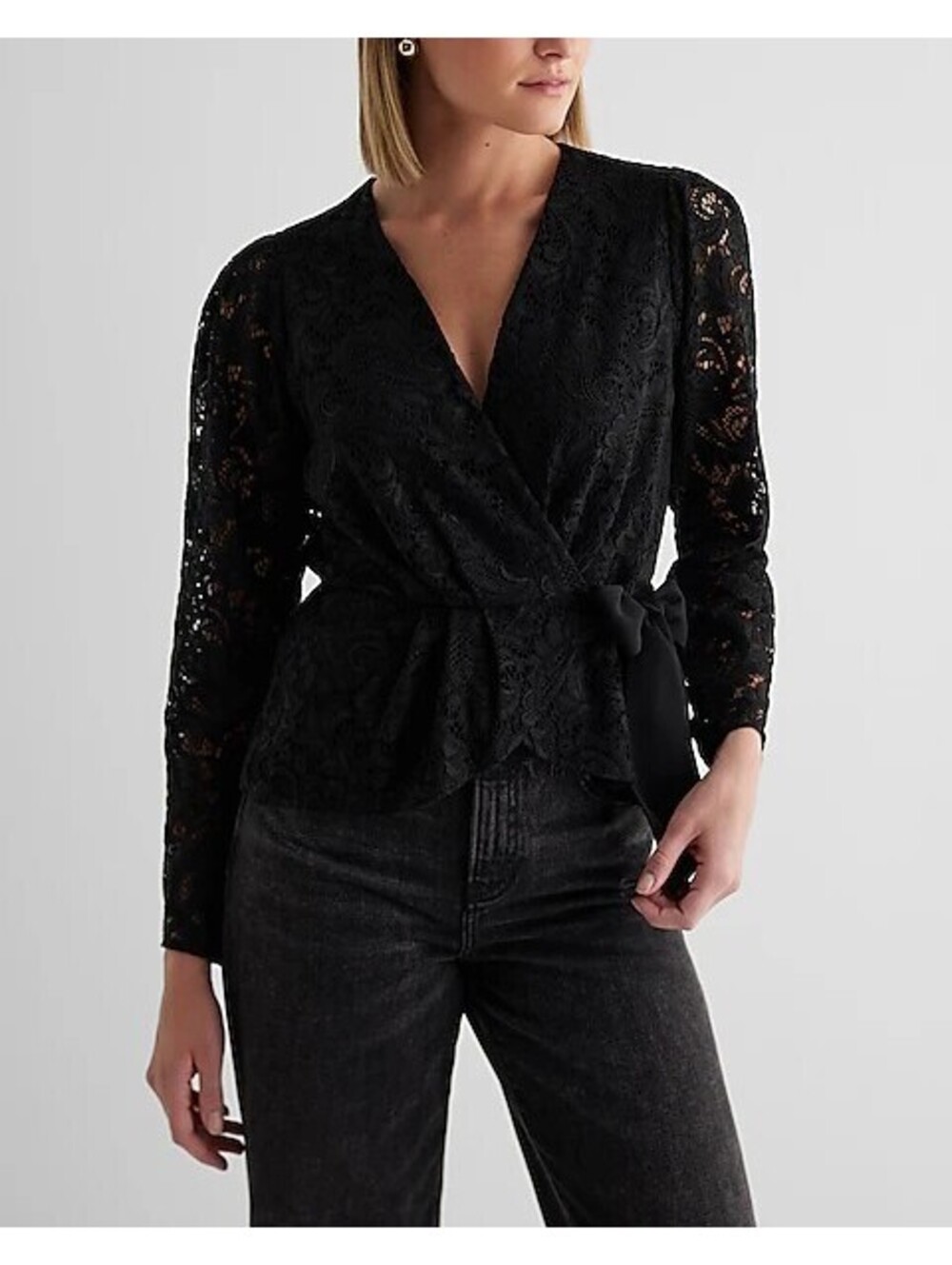 Express Black Lace Wrap Peplum Top Long Sleeve Tie Waist Women's Size XS
